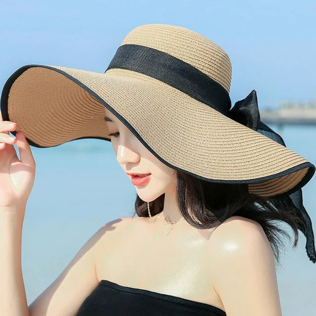 Women Wide Brim Hat Beach Cap Sun Straw Hat Floppy Foldable Hat for Outdoor Travel